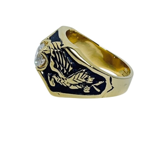 Vintage 14k Yellow Gold Electroplate And Black Enamel Men's Eagle Ring (R399) - Picture 8 of 9